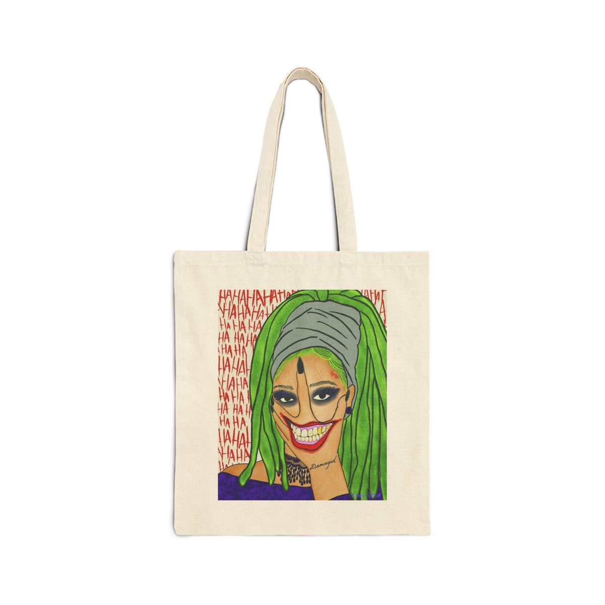 Canvas Tote Bag — Colorful Joker Face Art Tote with Green Hair & Laughing Text