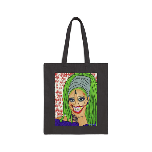 Canvas Tote Bag — Colorful Joker Face Art Tote with Green Hair & Laughing Text