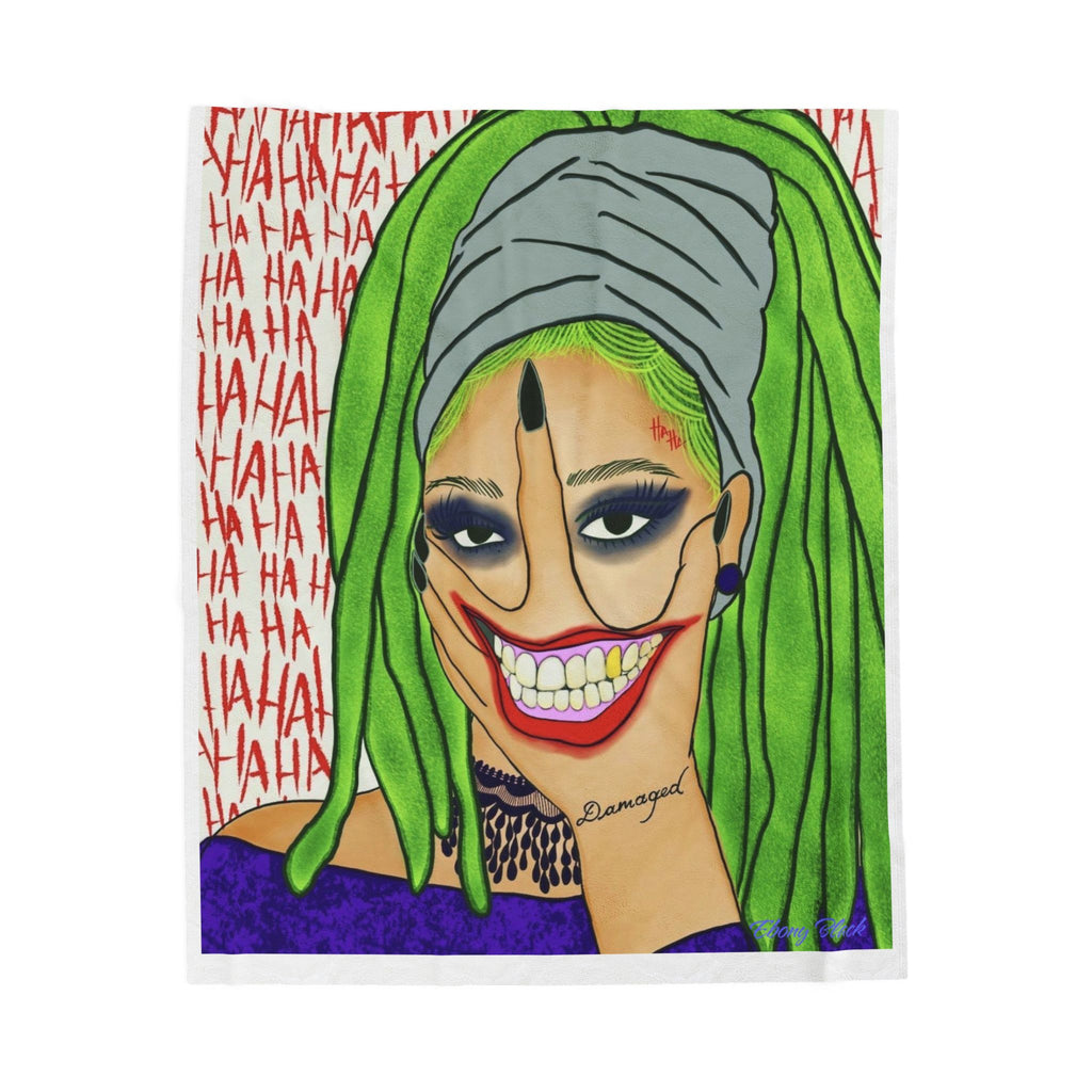 Creepy Clown Smile Velveteen Plush Blanket — Green Hair 'HA HA' Horror Art Throw
